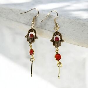 14k Gold Plated Red Hamsa Hand Faceted Zircon Dangle Bar Earrings